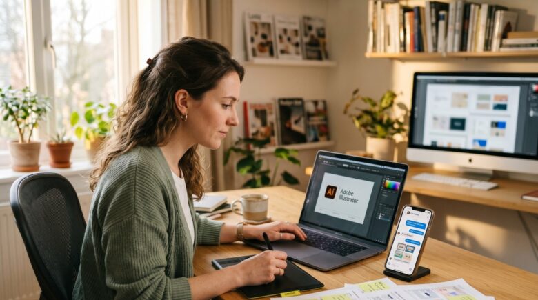 A freelance designer reviewing client feedback messages on a laptop with a messaging app open on screen