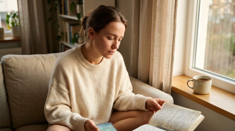 A person sitting at a table with a open grief journal beside a smartphone displaying a mental health app