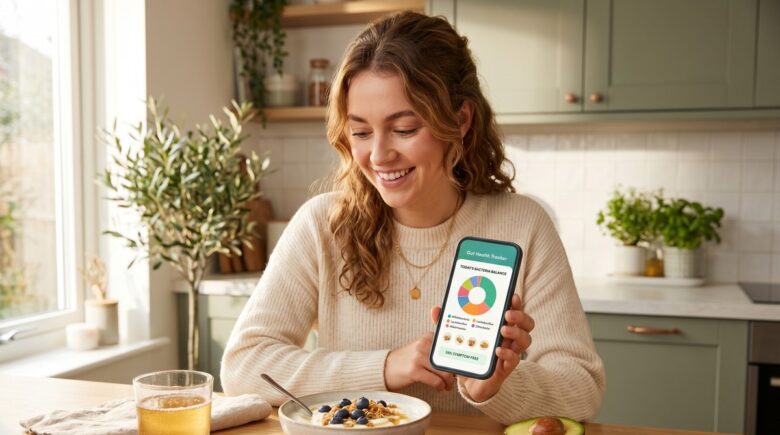 Smartphone displaying a gut health app showing plant variety score and fiber diversity tracking dashboard