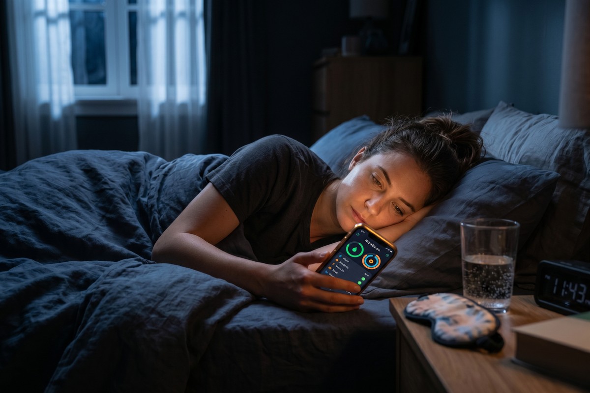 Night owl using a habit tracking app on phone to build a morning routine