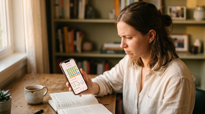 Person reviewing a habit tracker app on a smartphone with unchecked habits and a broken streak visible on screen