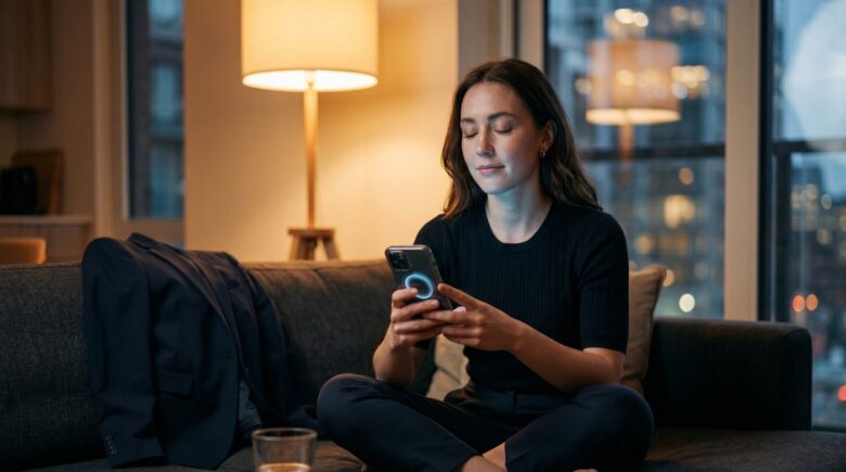 Side-by-side view of the Headspace and Calm app interfaces on a smartphone screen against a dimly lit desk at night