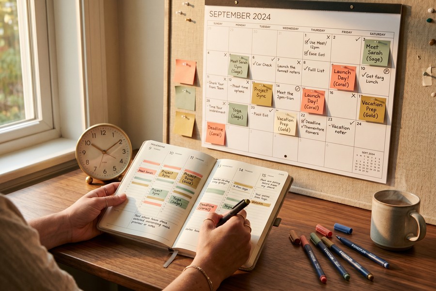 Calendar time-blocking view showing tasks scheduled as appointments on a weekly grid