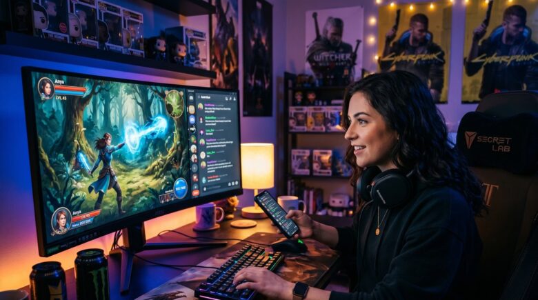 A gamer using Discord on a second monitor to coordinate with teammates outside of an active game session