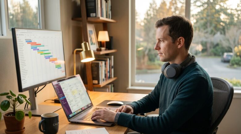 Introverted manager recording an async video message on a laptop using Loom while working from a quiet home office