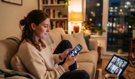 Person sitting alone looking at a smartphone screen displaying a social community app interface