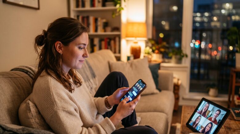 Person sitting alone looking at a smartphone screen displaying a social community app interface