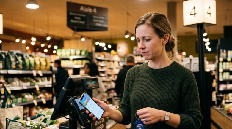 Person scanning a loyalty card at a grocery store checkout while a data flow graphic illustrates information being shared with third parties
