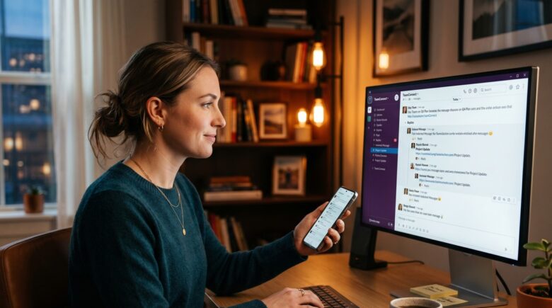 Side-by-side comparison of threaded message conversations in Slack, Microsoft Teams, and Zulip on desktop screens