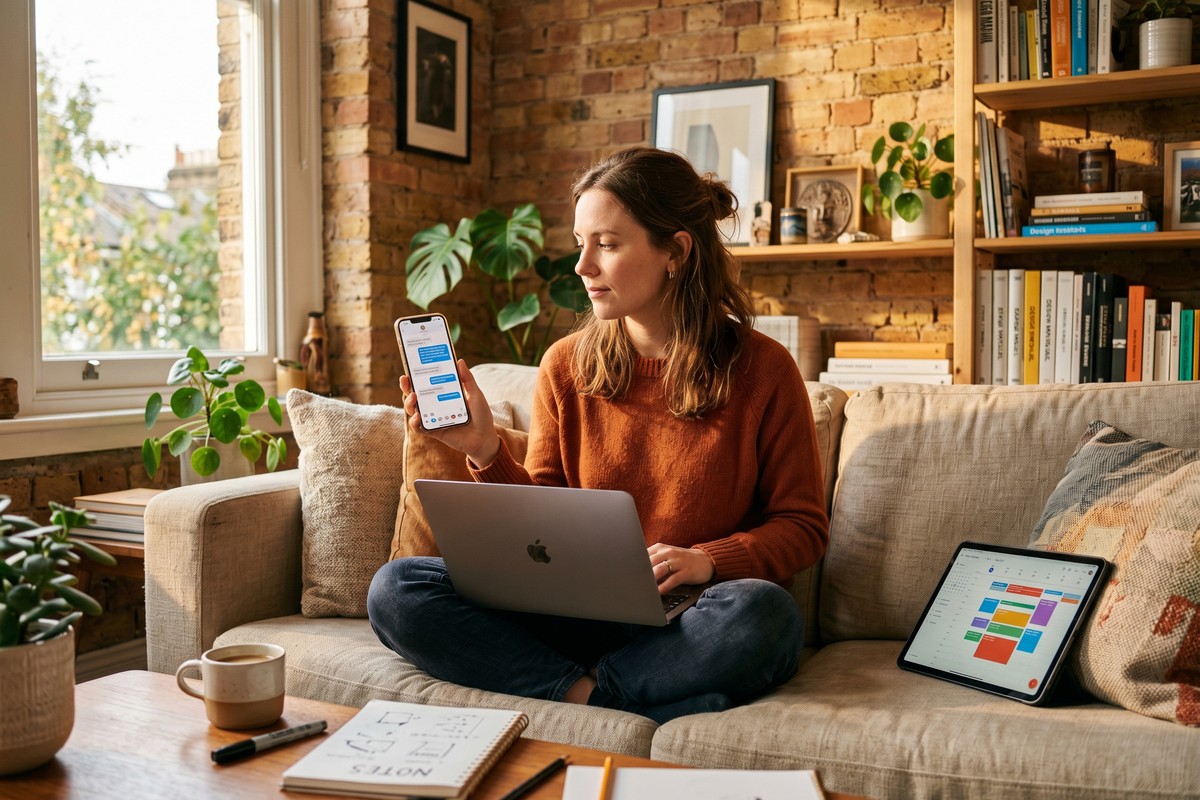 Gig worker using a messaging app on smartphone to manage client deadlines and project updates