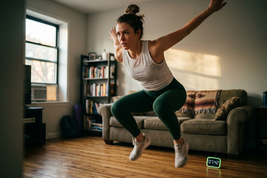 Parent doing a quick bodyweight squat workout in a small living room, child playing nearby
