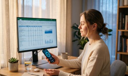 Remote worker sitting at a desk with multiple screens open, using a mindfulness app on a smartphone during a break