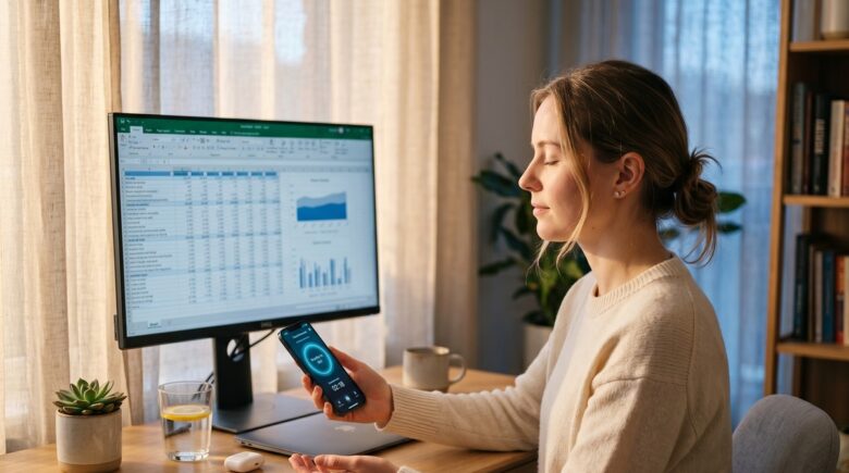 Remote worker sitting at a desk with multiple screens open, using a mindfulness app on a smartphone during a break