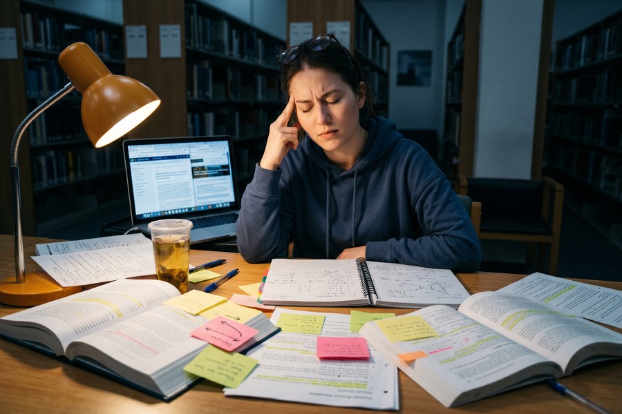 Student using Obsidian spaced repetition plugin on laptop alongside university textbooks