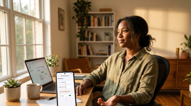 Freelancer setting up phone automations on a smartphone at a desk with a coffee cup and notebook nearby