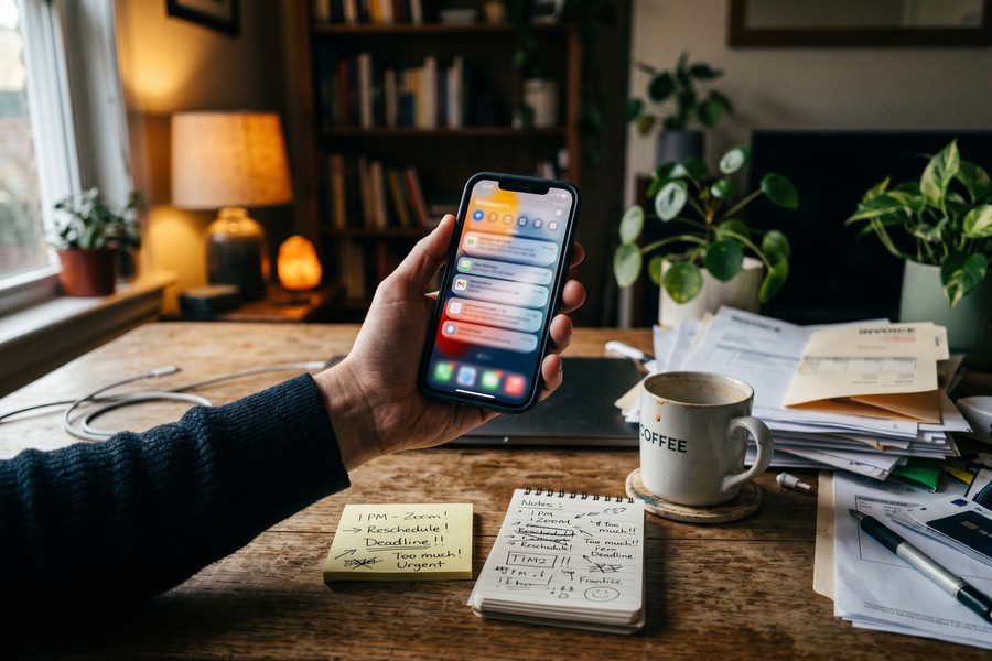 Freelancer reviewing phone admin tasks and notification list on a smartphone screen