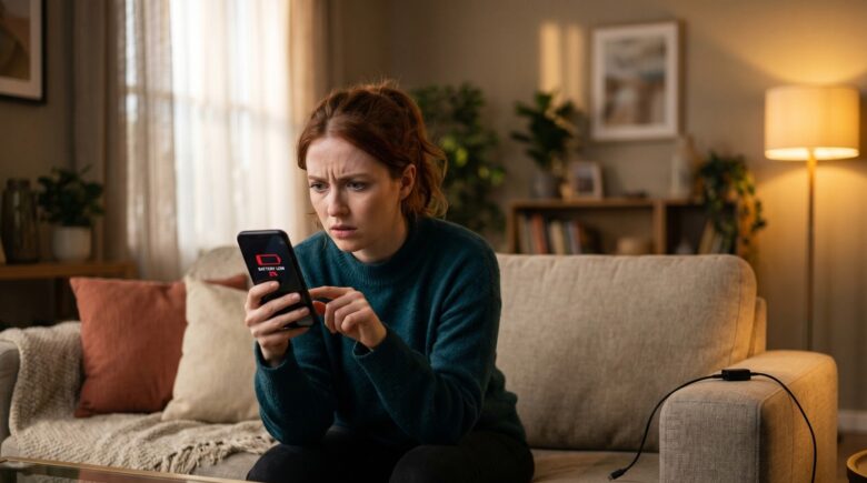 Smartphone plugged into a charger on a soft surface with a low battery warning on screen