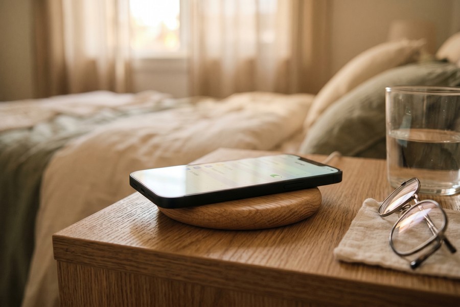 Phone charging on a nightstand with Optimized Battery Charging setting visible on screen