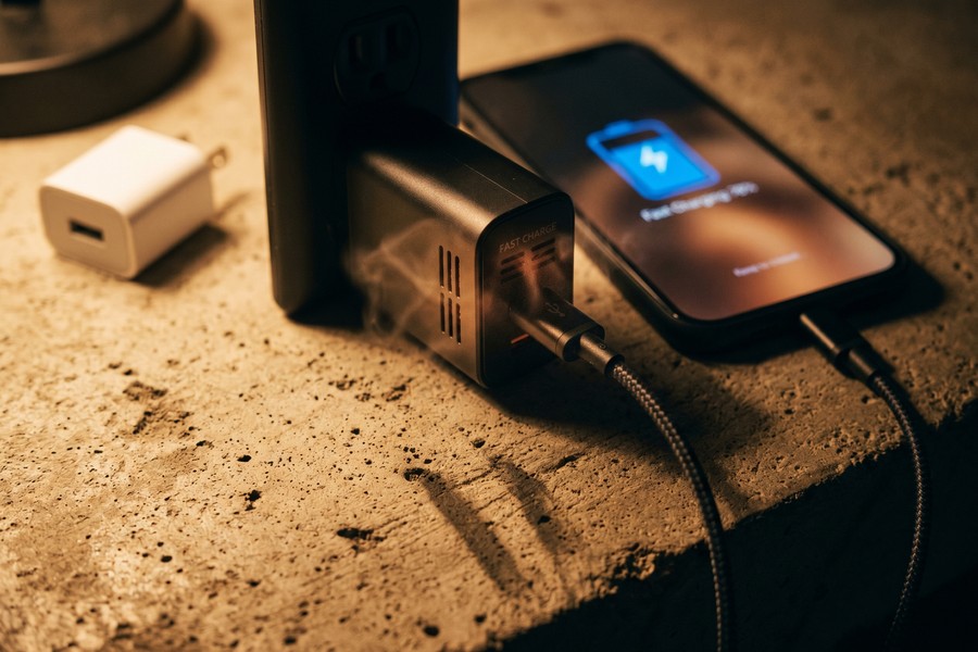 Smartphone on a hard desk surface, plugged in, with a gaming app open showing heat warning