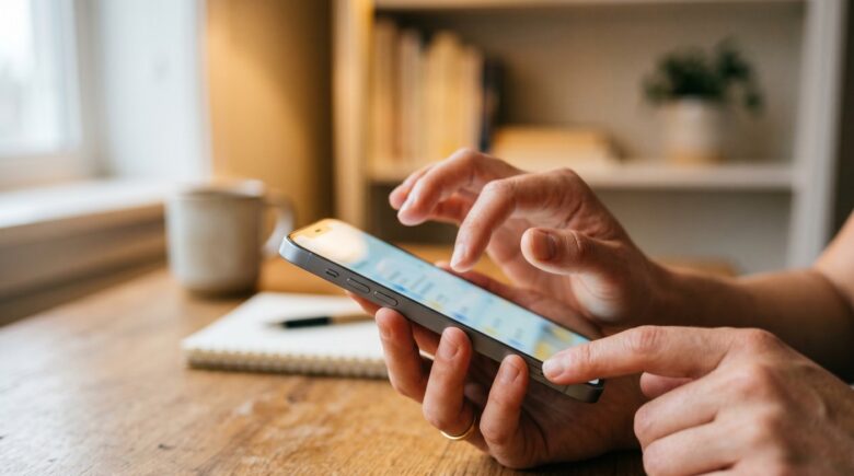 Close-up of a person's thumb swiping across a large smartphone screen, illustrating gesture navigation versus physical button use