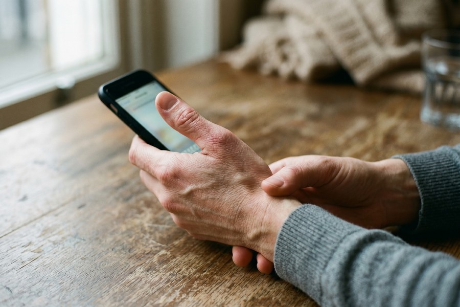 Side-by-side diagram of thumb motion paths for gesture swipe versus physical button tap on a large smartphone