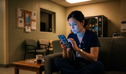 A nurse in scrubs adjusting night mode settings on a smartphone after an overnight hospital shift