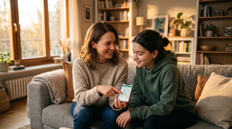 A parent and teenager sitting together looking at a smartphone screen, discussing phone usage rules