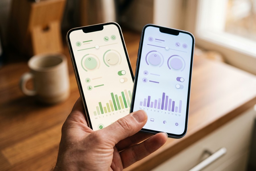 Parent and teen reviewing iPhone Screen Time settings together on a couch
