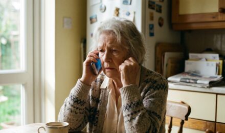 Elderly retiree looking concerned while receiving a suspicious phone call at home