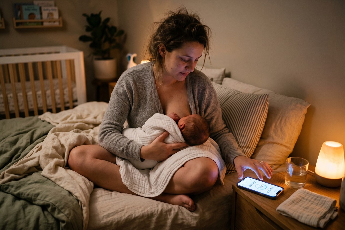 New mother using a postpartum recovery app on her phone while feeding her newborn baby