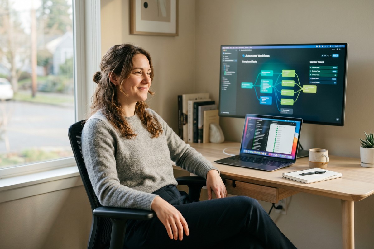 Person setting up productivity app automation shortcuts on a laptop to streamline daily workflow