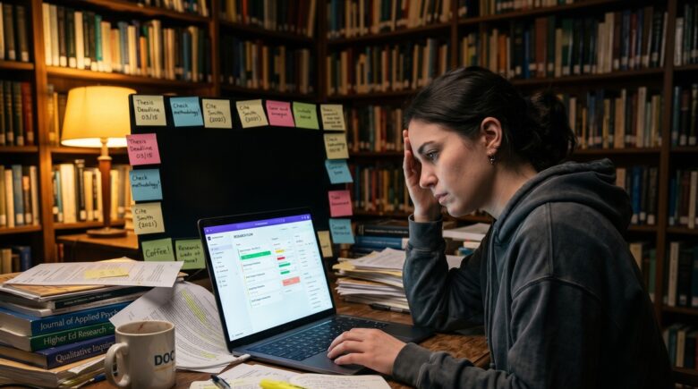 A PhD student sitting at a cluttered desk surrounded by open research papers and a laptop displaying a productivity app dashboard