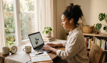 A freelancer working alone at a home desk with a laptop, coffee, and a paper planner open beside them