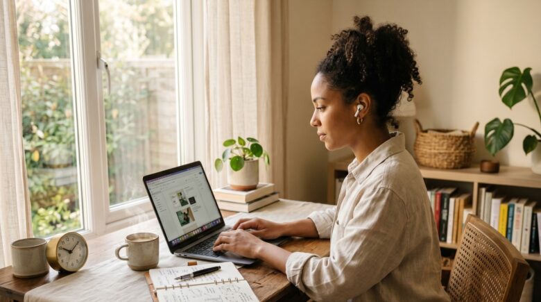 A freelancer working alone at a home desk with a laptop, coffee, and a paper planner open beside them