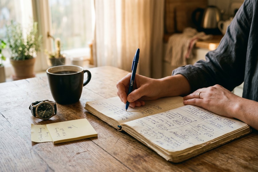 Freelancer working at a desk during their natural peak energy window, morning light