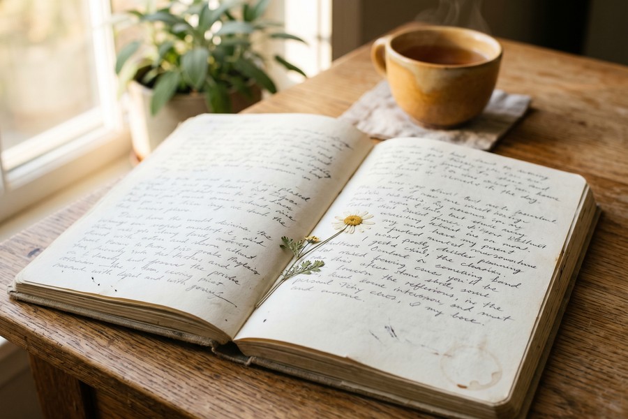 Freelancer reviewing daily planner and journaling at a tidy home workspace, evening light