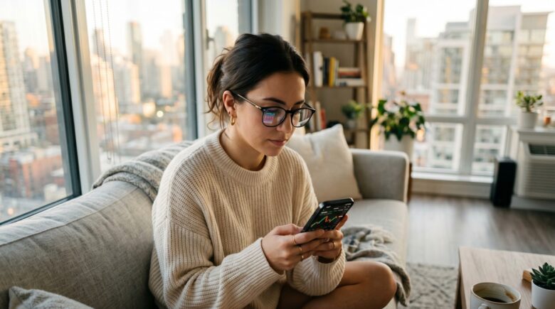 Side-by-side view of the Robinhood and Webull mobile apps open on two smartphones against a neutral background