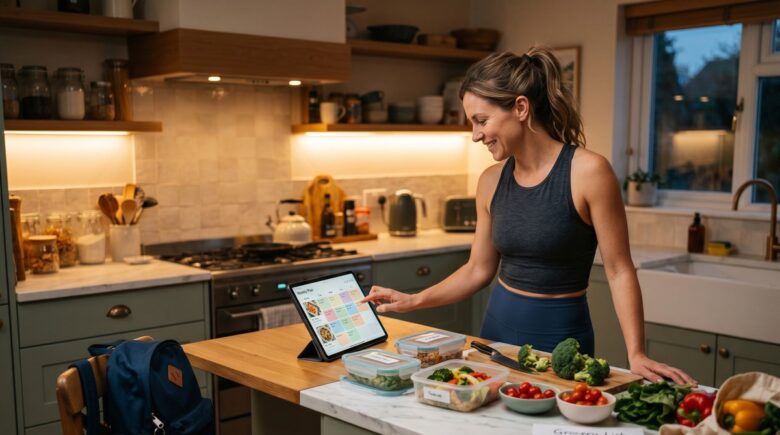 A single parent reviewing a weekly meal plan on a smartphone next to fresh vegetables on a kitchen counter