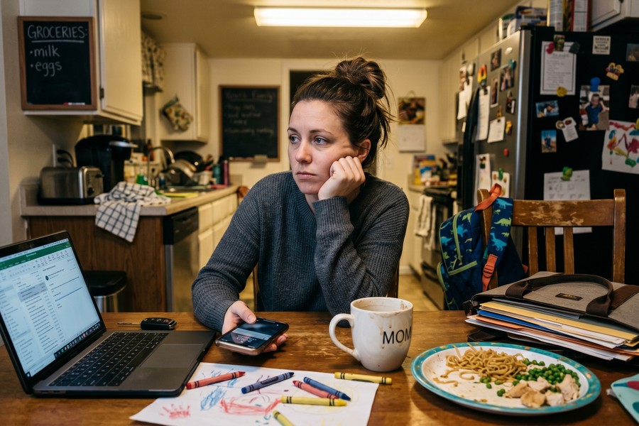 Single parent reviewing a weekly meal plan on a smartphone at a kitchen table