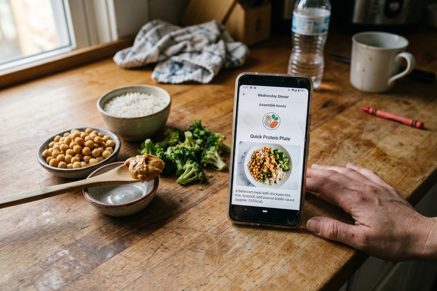 Weekly meal plan displayed on a tablet next to organized grocery bags