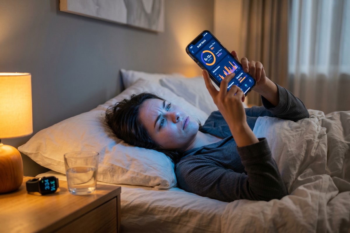 Person reviewing sleep data on a sleep tracking app on their smartphone in bed
