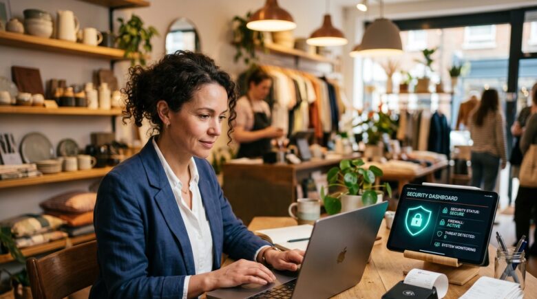 Small business owner reviewing customer data security settings on a laptop without an IT department