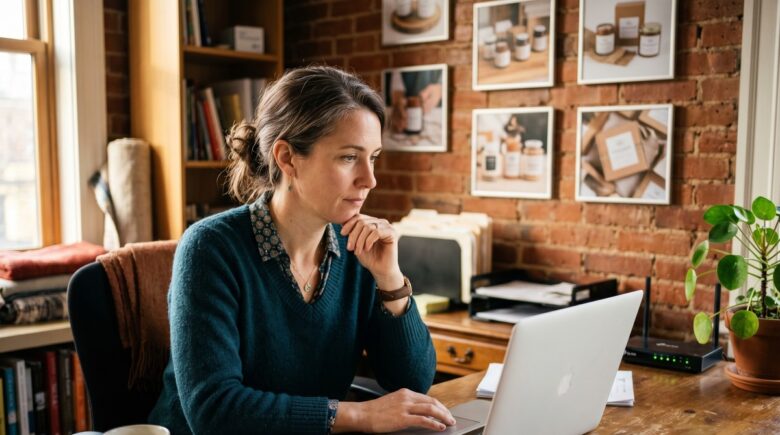 Small business owner reviewing email security settings on a laptop at a desk