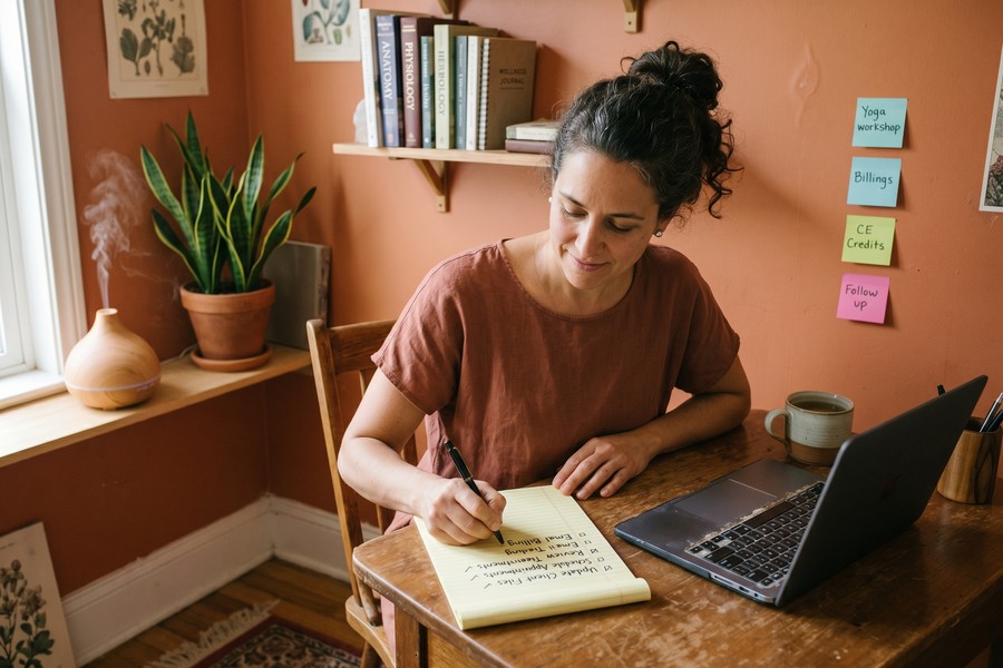 Small wellness business owner reviewing email security dashboard on laptop at desk