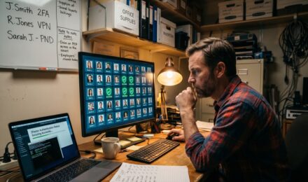 Small business owner reviewing employee account security settings on a laptop over the weekend