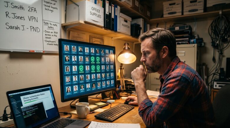 Small business owner reviewing employee account security settings on a laptop over the weekend