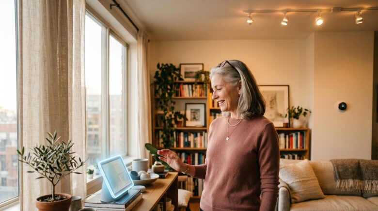 An adult over 50 using a smart speaker on a kitchen counter in a modern apartment