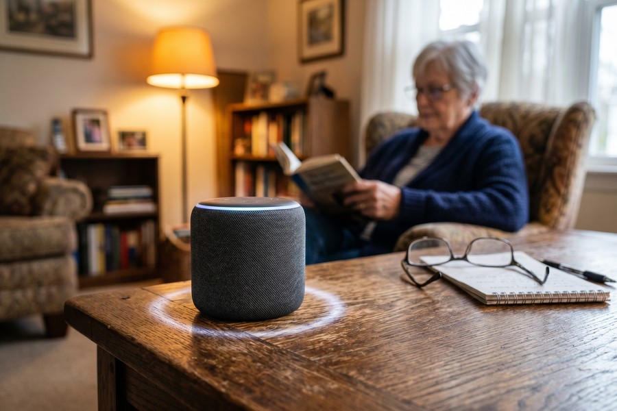 Smart display on kitchen counter showing medication reminder and family video call
