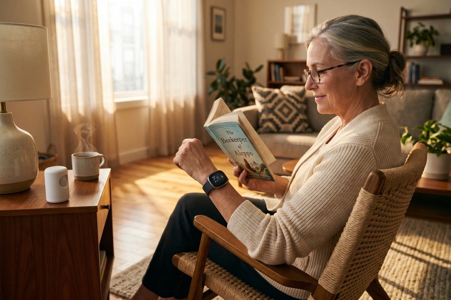 Smart blood pressure monitor connected to phone app showing weekly trends