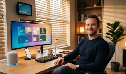 Remote worker sitting in a fully automated smart home office surrounded by smart gadgets and devices